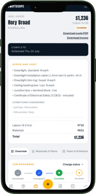 Job details with scope, cost, and progress